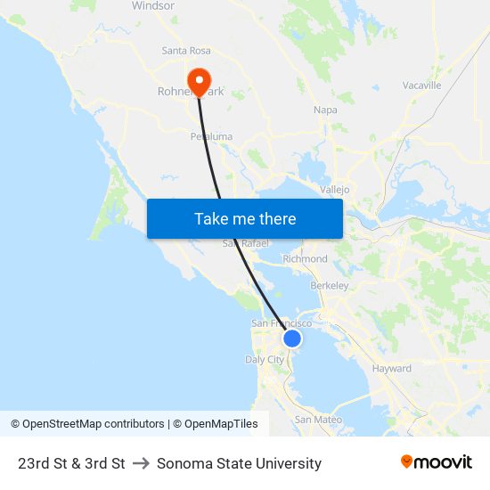 23rd St & 3rd St to Sonoma State University map