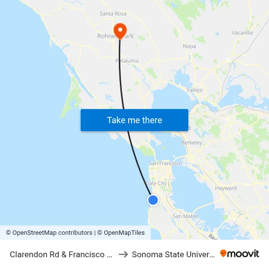 Clarendon Rd & Francisco Blvd to Sonoma State University map