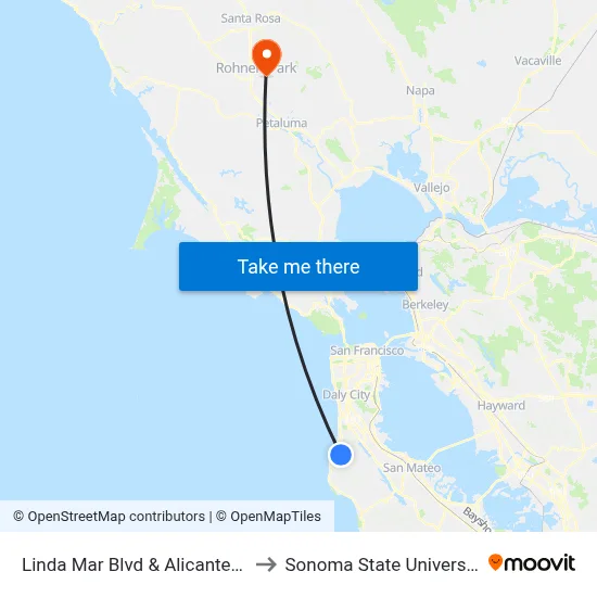 Linda Mar Blvd & Alicante Dr to Sonoma State University map