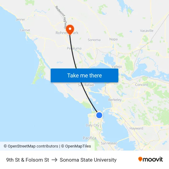 9th St & Folsom St to Sonoma State University map