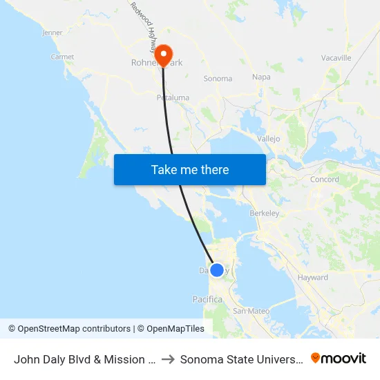 John Daly Blvd & Mission St to Sonoma State University map