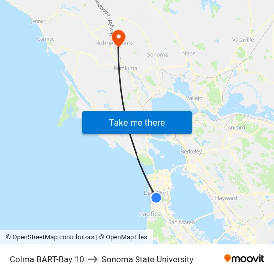 Colma BART-Bay 10 to Sonoma State University map