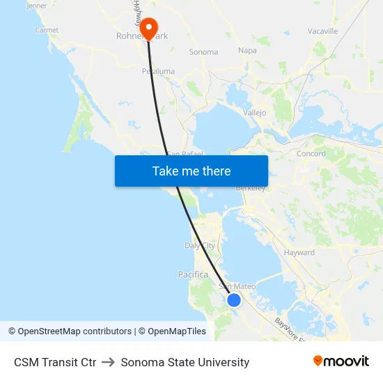CSM Transit Ctr to Sonoma State University map