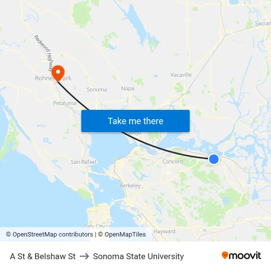 A St & Belshaw St to Sonoma State University map