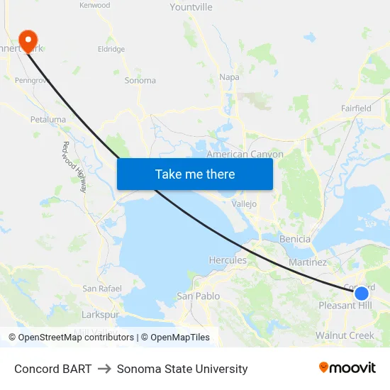 Concord BART to Sonoma State University map
