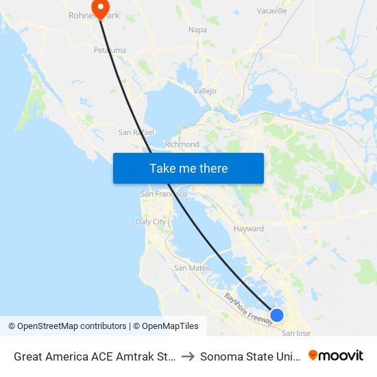 Great America ACE Amtrak Station (N) to Sonoma State University map