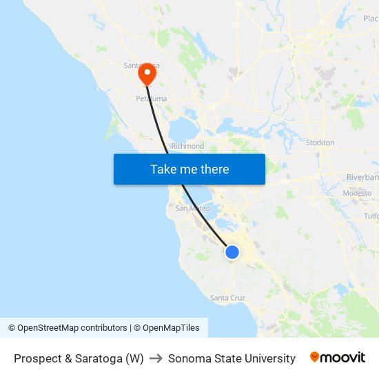 Prospect & Saratoga (W) to Sonoma State University map