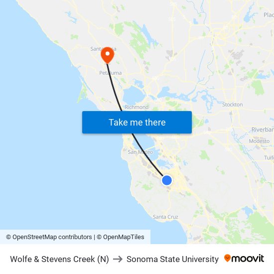 Wolfe & Stevens Creek (N) to Sonoma State University map