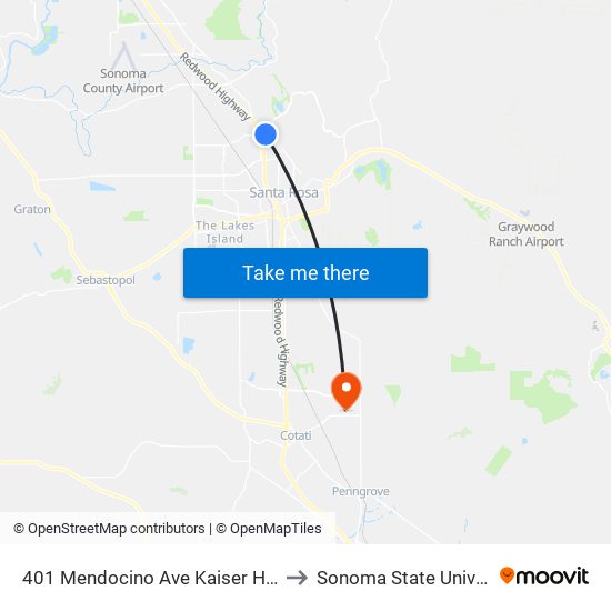 401 Mendocino Ave Kaiser Hospital to Sonoma State University map