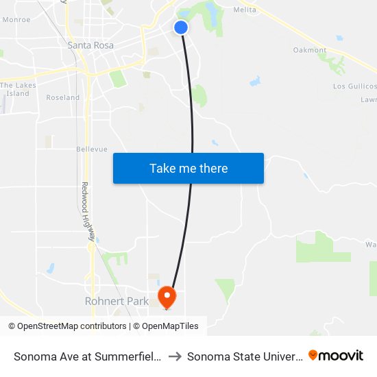 Sonoma Ave at Summerfield Rd to Sonoma State University map