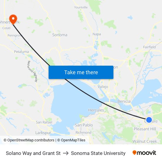 Solano Way and Grant St to Sonoma State University map