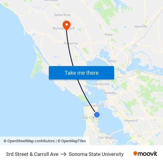 3rd Street & Carroll Ave to Sonoma State University map