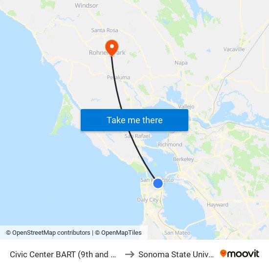 Civic Center BART (9th and Market) to Sonoma State University map