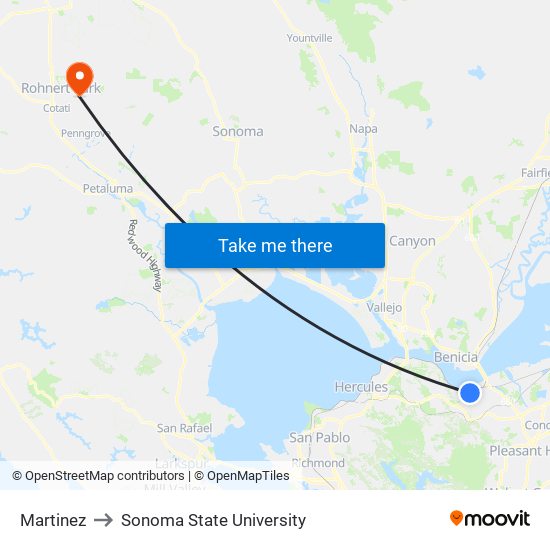 Martinez to Sonoma State University map