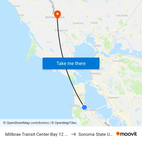 Millbrae Transit Center-Bay C1 to Sonoma State University map
