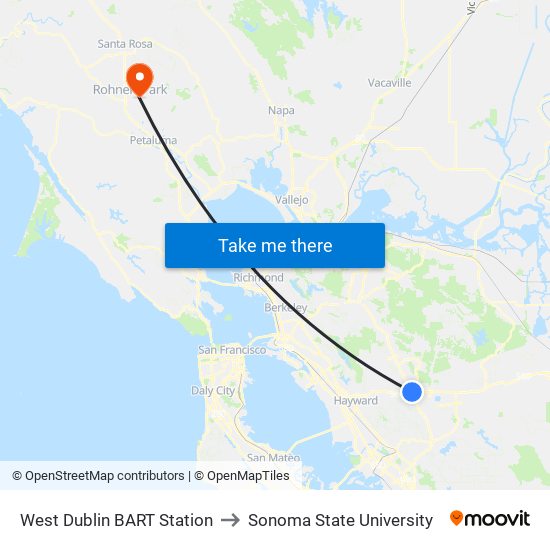 West Dublin BART Station to Sonoma State University map
