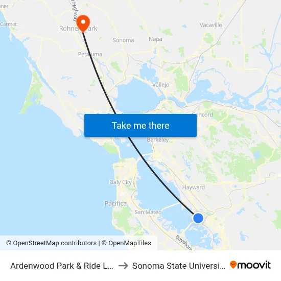 Ardenwood Park & Ride Lot to Sonoma State University map