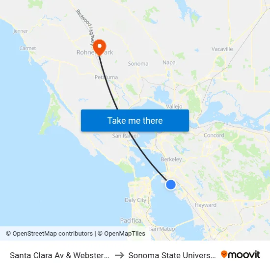 Santa Clara Av & Webster St to Sonoma State University map