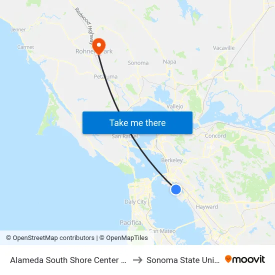 Alameda South Shore Center at Park St to Sonoma State University map