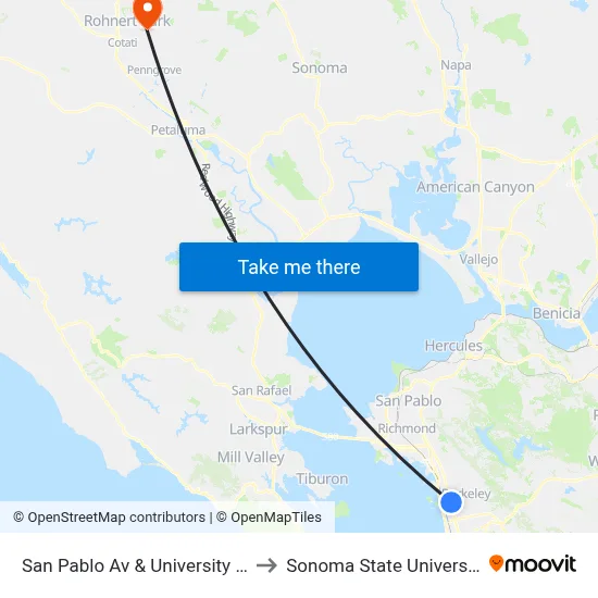 San Pablo Av & University Av to Sonoma State University map