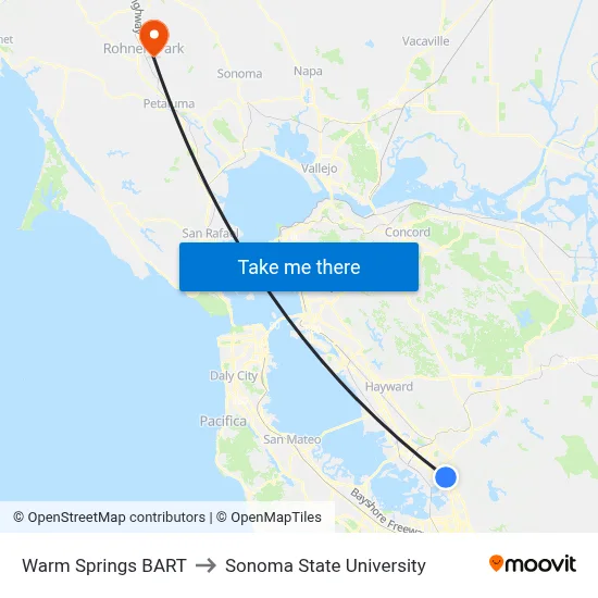 Warm Springs BART to Sonoma State University map