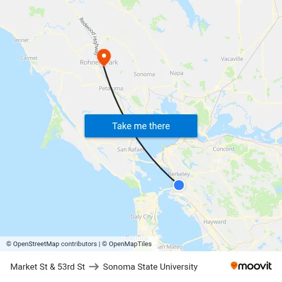 Market St & 53rd St to Sonoma State University map