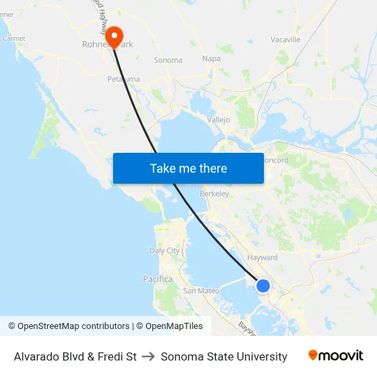 Alvarado Blvd & Fredi St to Sonoma State University map