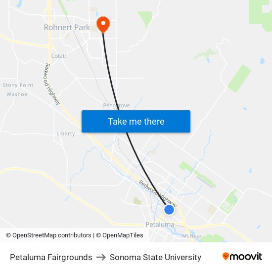 Petaluma Fairgrounds to Sonoma State University map