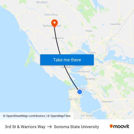 3rd St & Warriors Way to Sonoma State University map