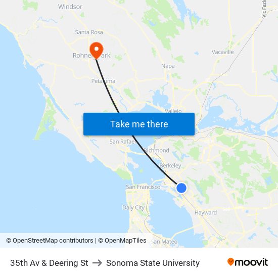 35th Av & Deering St to Sonoma State University map