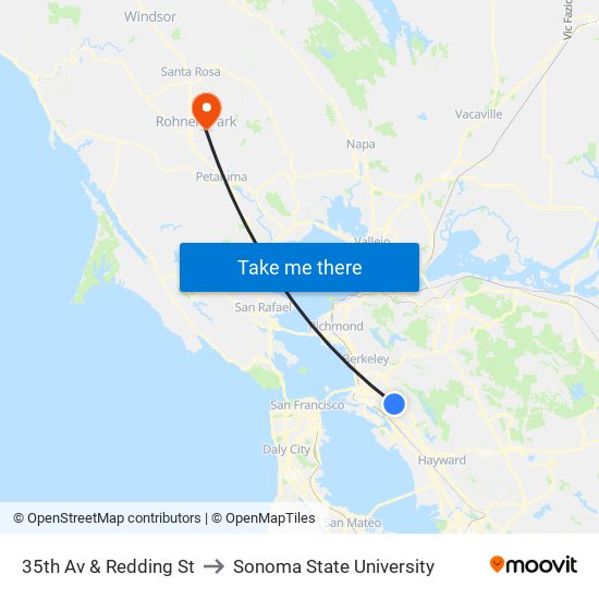 35th Av & Redding St to Sonoma State University map