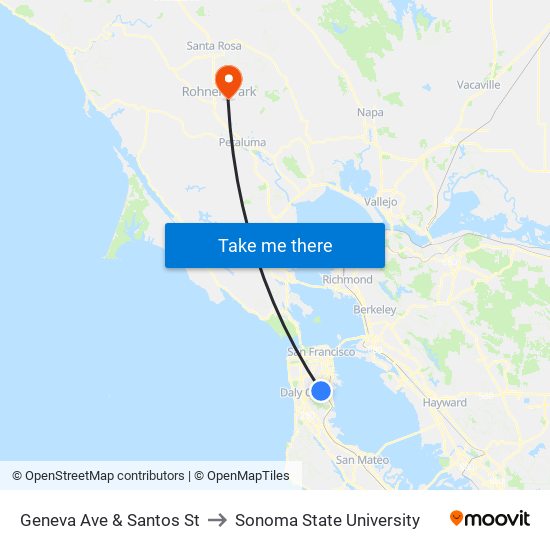 Geneva Ave & Santos St to Sonoma State University map