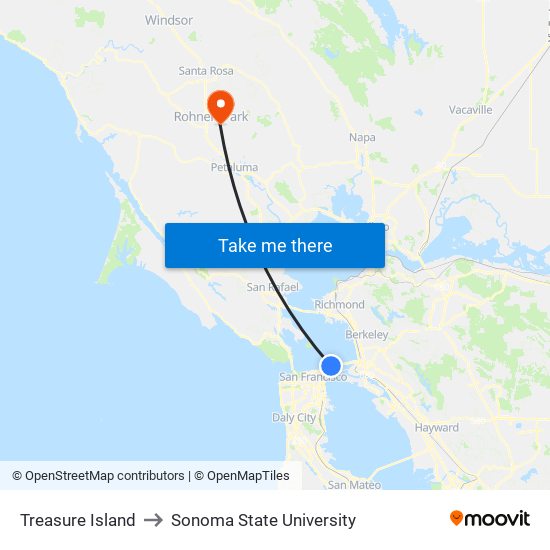 Treasure Island to Sonoma State University map