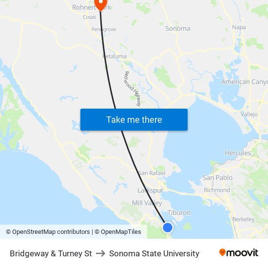 Bridgeway & Turney St to Sonoma State University map