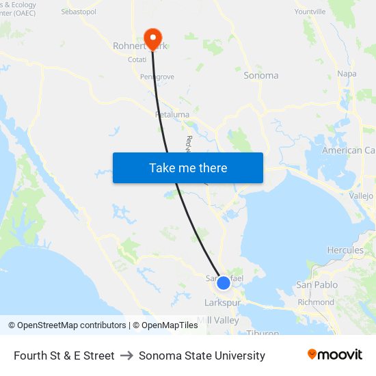 Fourth St & E Street to Sonoma State University map