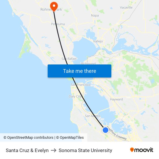 Santa Cruz & Evelyn to Sonoma State University map