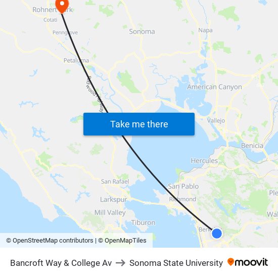 Bancroft Way & College Av to Sonoma State University map