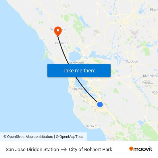 San Jose Diridon Station to City of Rohnert Park map