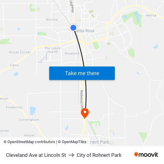 Cleveland Ave at Lincoln St to City of Rohnert Park map