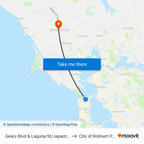 Geary Blvd & Laguna St/Japantown to City of Rohnert Park map