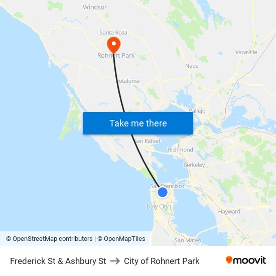 Frederick St & Ashbury St to City of Rohnert Park map