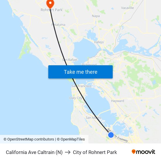 California Ave Caltrain (N) to City of Rohnert Park map