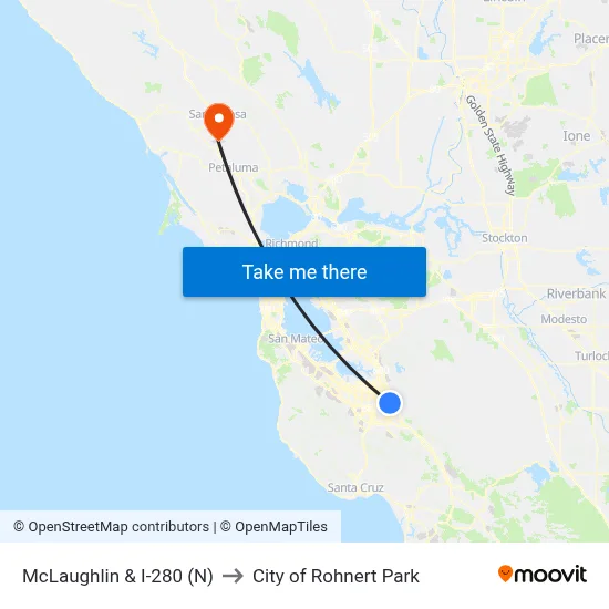 McLaughlin & I-280 (N) to City of Rohnert Park map