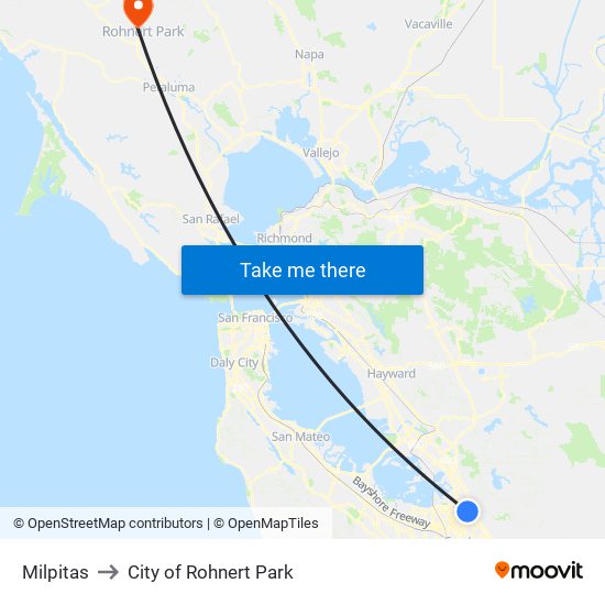 Milpitas to City of Rohnert Park map