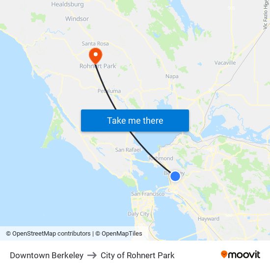 Downtown Berkeley to City of Rohnert Park map