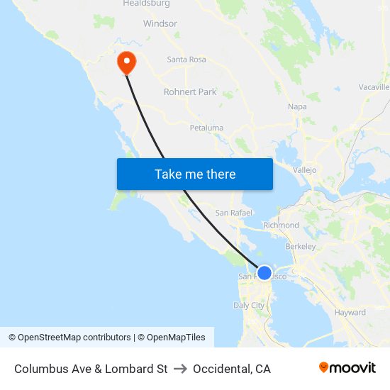 Columbus Ave & Lombard St to Occidental, CA map