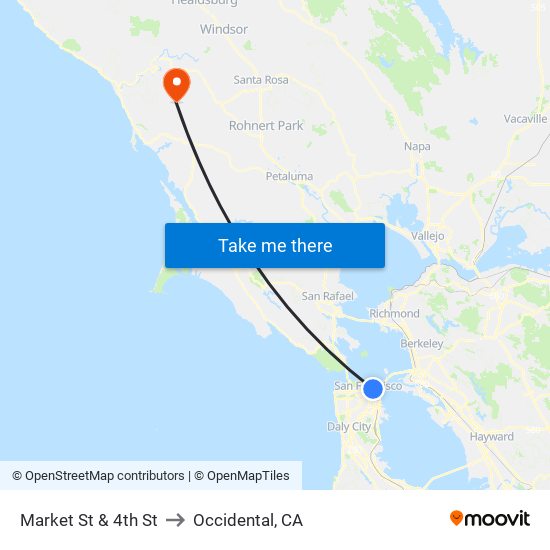 Market St & 4th St to Occidental, CA map