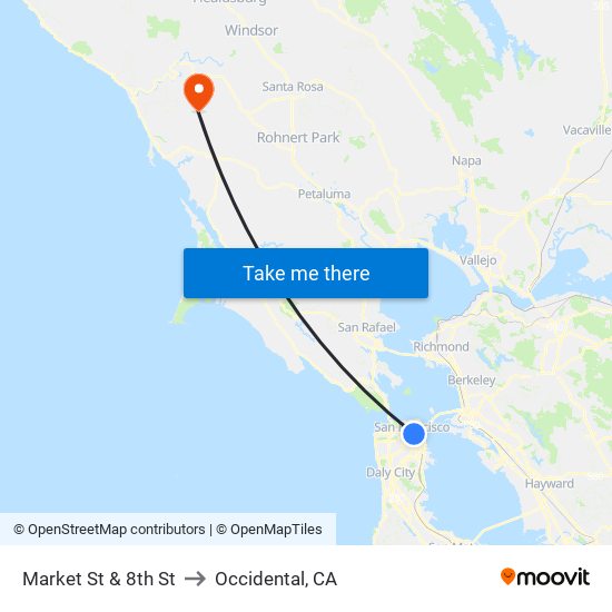 Market St & 8th St to Occidental, CA map