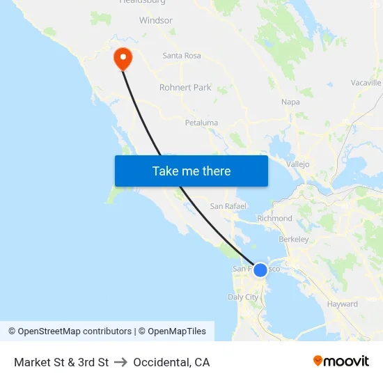 Market St & 3rd St to Occidental, CA map