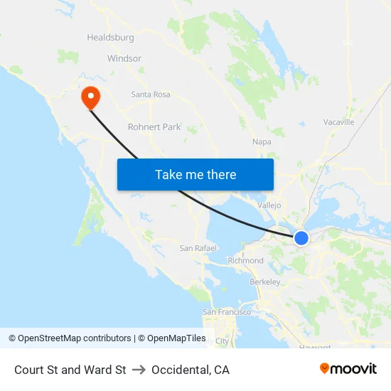 Court St and Ward St to Occidental, CA map
